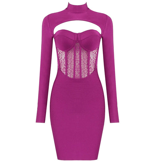 Vestido de Noche Ajustado con Encaje Calado y Detalles de Vendaje - Image 3