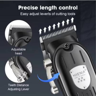 Professional hair clipper set featuring a larger black clipper with an LCD display and a smaller black trimmer, with dimensions. - Image 4