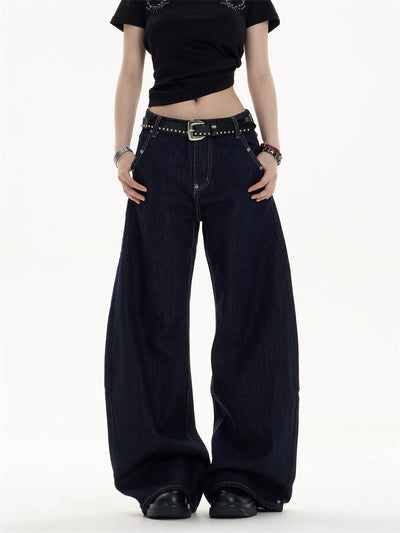 Pantalones Jeans Azul Oscuro Retro Corte Recto Ancho Casual - Image 17