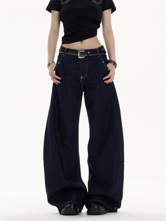 Pantalones Jeans Azul Oscuro Retro Corte Recto Ancho Casual - Image 17