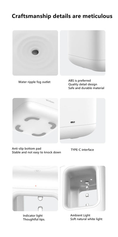 White anti-gravity water drop humidifier with visible mist output and 'Winben' brand name, on a white stand. - Image 15