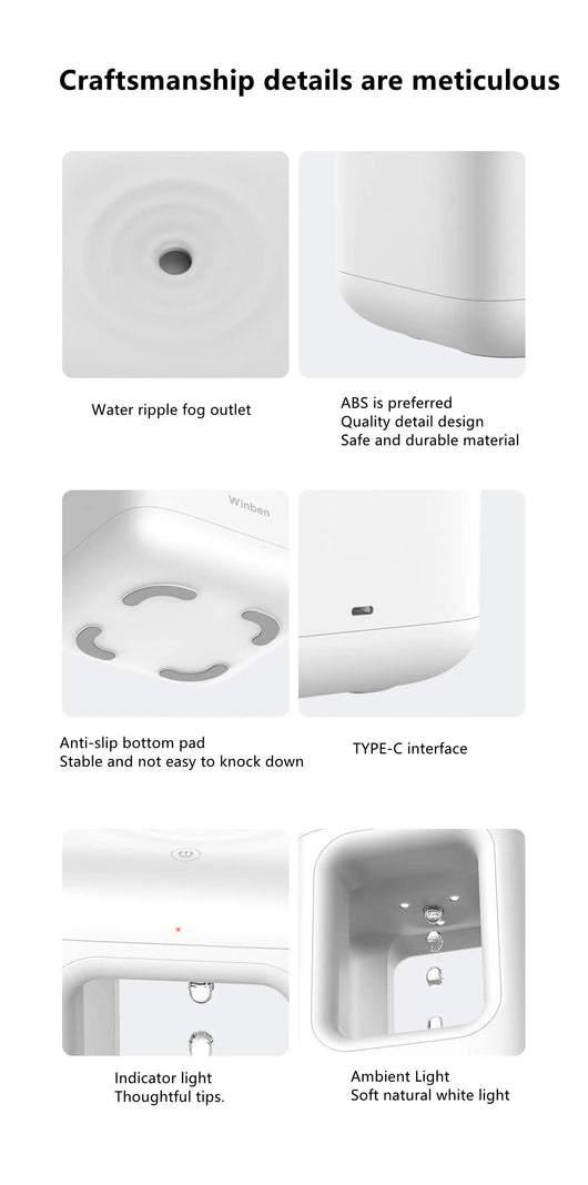 White anti-gravity water drop humidifier with visible mist output and 'Winben' brand name, on a white stand. - Image 15