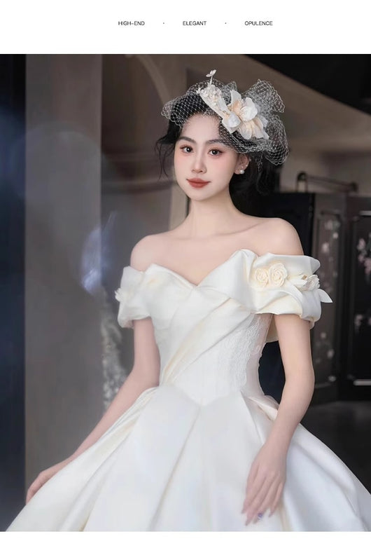 Vestido de Novia Satén Hombros Descubiertos Encaje Francés Elegancia Premium - Image 11