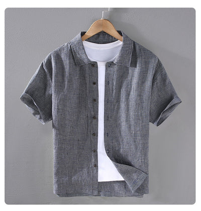 Camisa de Lino Cuadriculada Tejida para Hombre - Manga Corta - Image 13