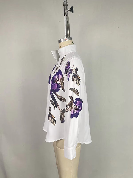 Camisa Suelta con Cuello de Pie y Estampado de Manga Larga - Image 9