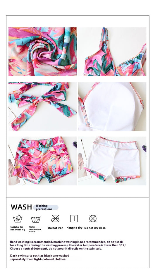 Women's three-piece swimwear set with a cream floral print, ruffled crop top, high-waisted shorts, and matching sarong. - Image 14