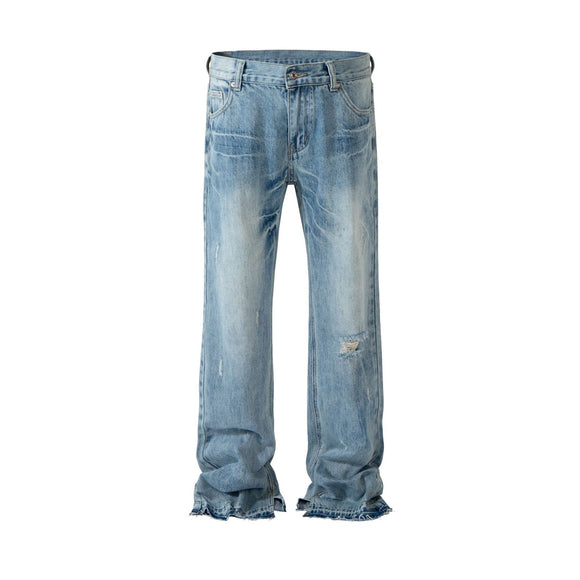 Pantalones Bootleg Paris Style con Patrón Rayo Efecto Lavado y Corte Desgarrado