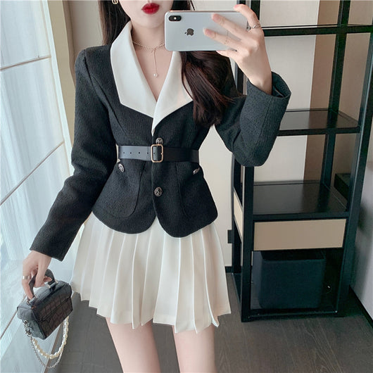 Conjunto de Falda Plisada Alta y Chaqueta Corta con Cinturón - Image 7