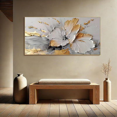 Cuadro Abstracto Moderno Flores Dorado y Blanco - Lienzo Óleo Artesanal sin Marco - Image 10
