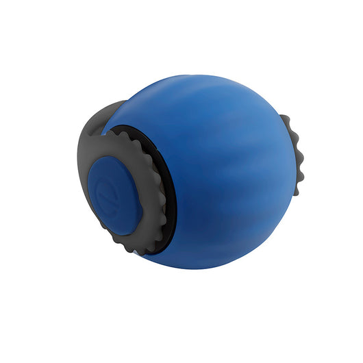 Blue and grey automatic cat toy ball with a yellow feather-like attachment and a small silver bell. - Image 9