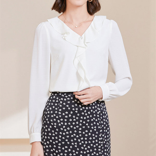 Blusa Elegante de Chifón con Cuello en V y Mangas Largas para Mujer
