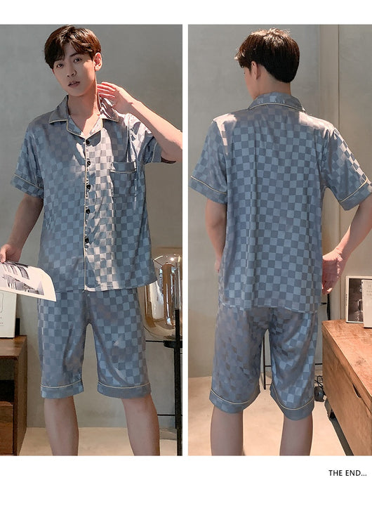 Pijama Hombre Verano Seda Hielo Talla Grande Manga Corta Jacquard Suave - Image 28
