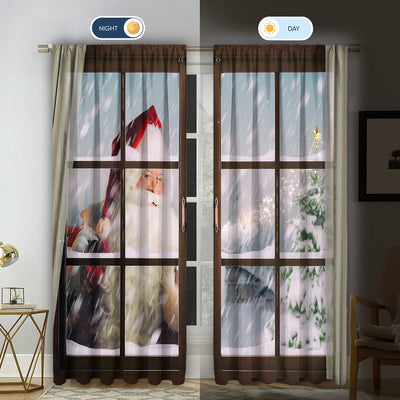 Pair of Christmas curtains with a 3D digital print of a snowy winter window scene, frosted trees, and snowflakes. - Image 22