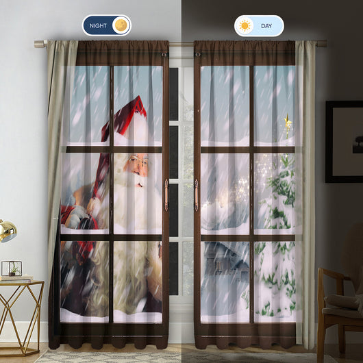 Pair of Christmas curtains with a 3D digital print of a snowy winter window scene, frosted trees, and snowflakes. - Image 22
