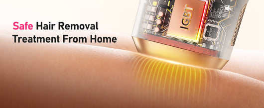 White and gold IPL hair removal device with safety glasses and razor, shown with its "Hair Removal" packaging. - Image 14