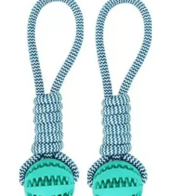Blue and white braided rope dog toy with a teal rubber treat-dispensing ball for chewing and teeth cleaning. - Image 9
