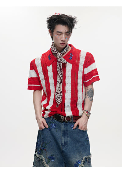 Camisa Retro de Punto Patchwork a Rayas para Hombre - Image 11