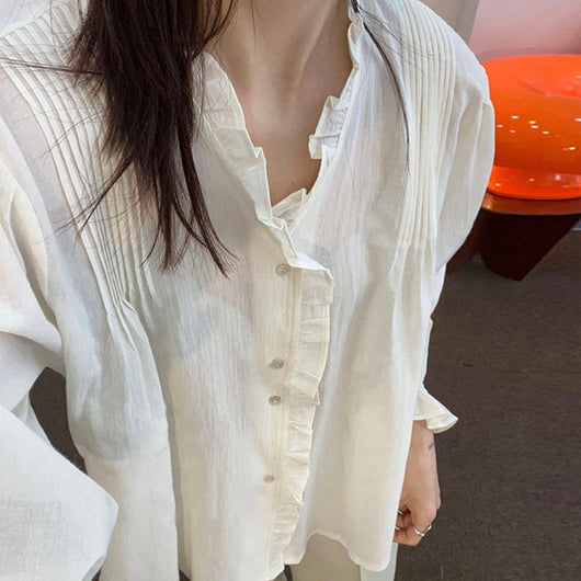 Blusa Elegante Retro Francesa con Encaje y Mangas Largas para Mujer - Image 3