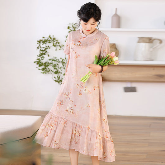 Vestido Vintage Línea A con Cuello de Pie y Estampado