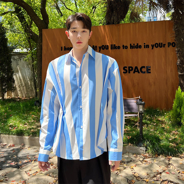 Camisa Oversize a Rayas con Pliegues y Botones en la Cintura para Hombre