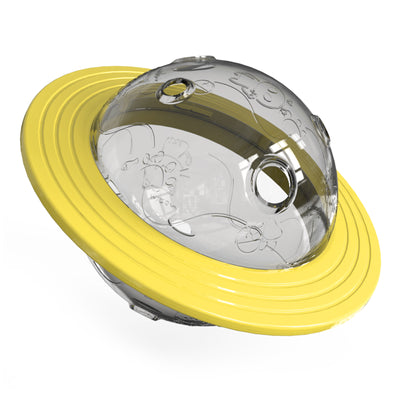 Clear dog treat dispensing ball with a yellow ring, resembling Saturn, featuring paw prints and bone designs. - Image 7