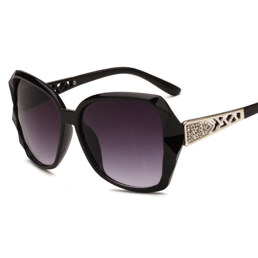 Women's retro big frame sunglasses with brown faceted frames, gradient purple lenses, and rhinestone-detailed silver temples. - Image 8