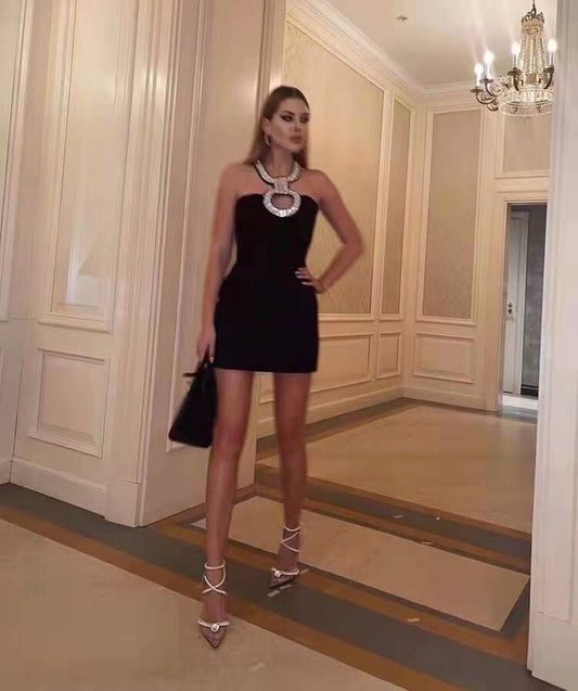 Vestido Bandage Slim Sin Mangas con Detalles Diamantados