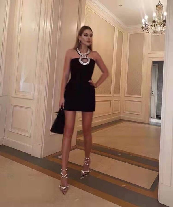 Vestido Bandage Slim Sin Mangas con Detalles Diamantados