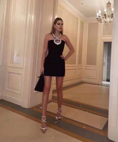 Vestido Bandage Slim Sin Mangas con Detalles Diamantados
