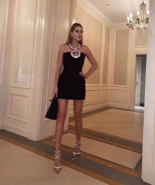 Vestido Bandage Slim Sin Mangas con Detalles Diamantados