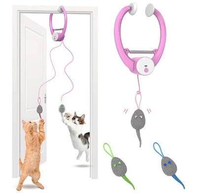 Automatic interactive cat toy with a white and blue door hanger, retractable string, and grey mouse lure. - Image 14