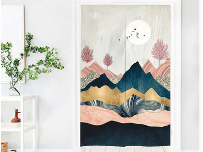 Fabric partition curtain with an abstract mountain landscape, featuring a peach sunset and flying birds, in blue, green, and cream.