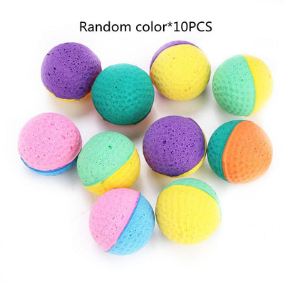 10-pack of colorful latex foam balls for cats, featuring solid and two-tone designs in purple, teal, yellow, pink, blue, and orange. - Image 6
