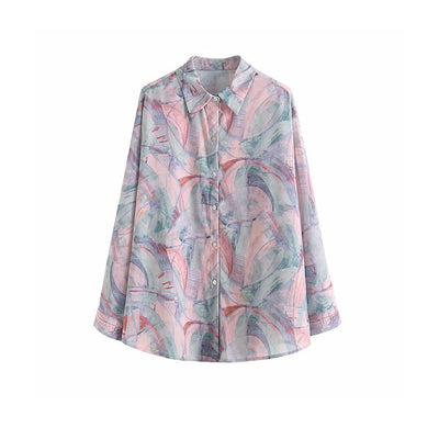 Camisa Suelta Protección Solar Azul Hielo Otoño con Estampado Artístico para Mujer - Image 3