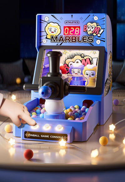 Red tabletop marble game machine with a joystick, buttons, and a lighted display, featuring colorful marbles. - Image 11