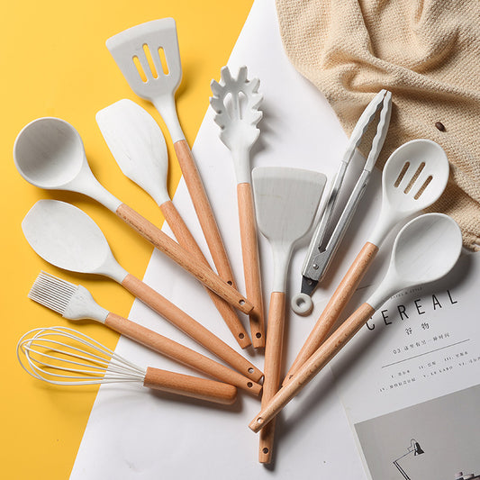 Juego de Utensilios de Cocina con Mango de Madera y Silicona Marmoleada