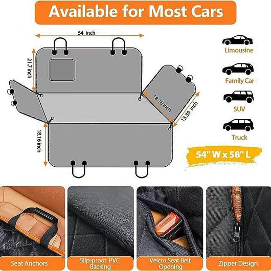 Black quilted pet car seat cover with adjustable straps and side flaps, shown with water droplets on the fabric. - Image 3