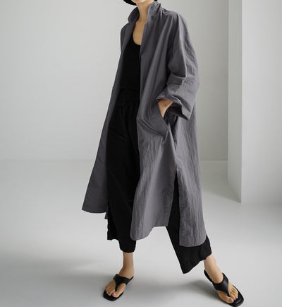 Abrigo Tipo Trench Shirt Dress Largo de Lino y Algodón con Abertura - Image 11