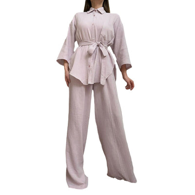 Conjunto Elegante de Camisa Holgada con Cordones y Pantalón Ancho - Image 5