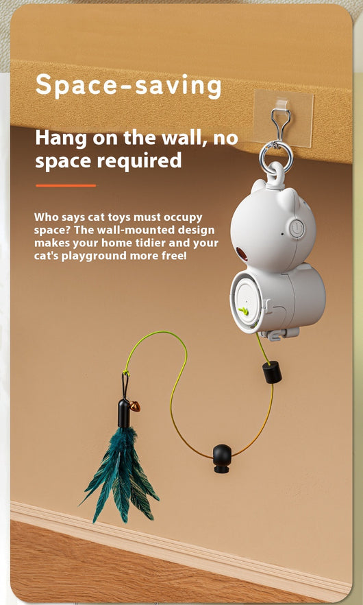White retractable cat toy with a teal feather attachment hanging from a silver hook, designed for pet play. - Image 12