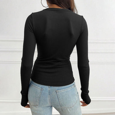 Blusa Ajustada de Punto Francés con Escote V y Pliegues en el Pecho - Image 3