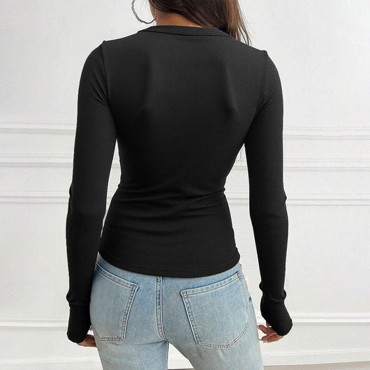 Blusa Ajustada de Punto Francés con Escote V y Pliegues en el Pecho - Image 3