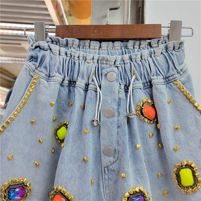 Shorts de Mezclilla Cintura Alta con Detalles de Diamantes para Mujer - Image 6