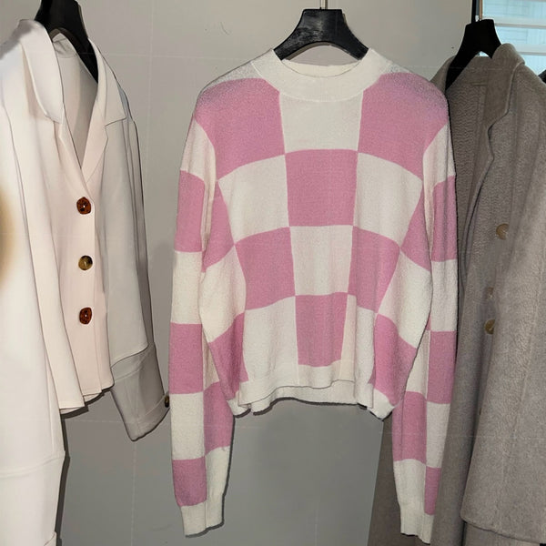 Suéter de Algodón Orgánico con Patrón Ajedrez y Combinación de Colores para Mujer