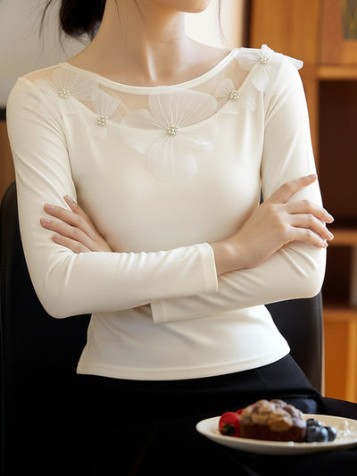 Blusa Elegante Slim Fit con Paneles de Malla Floral 3D - Image 9