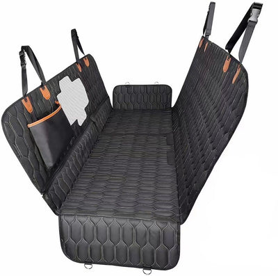 Black quilted pet car seat cover in a hammock style, featuring side flaps, storage pockets, and a mesh window.