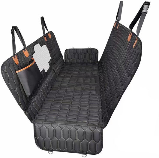 Black quilted pet car seat cover in a hammock style, featuring side flaps, storage pockets, and a mesh window.