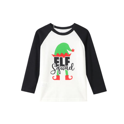 Christmas "ELF Squad" pajama set with white and black raglan long-sleeve top and green plaid pants. - Image 3