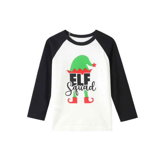 Christmas "ELF Squad" pajama set with white and black raglan long-sleeve top and green plaid pants. - Image 3