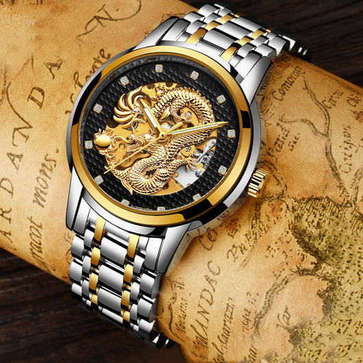 Reloj Empresarial Dragon Dorado Automático Resistente al Agua con Esfera Luminosa